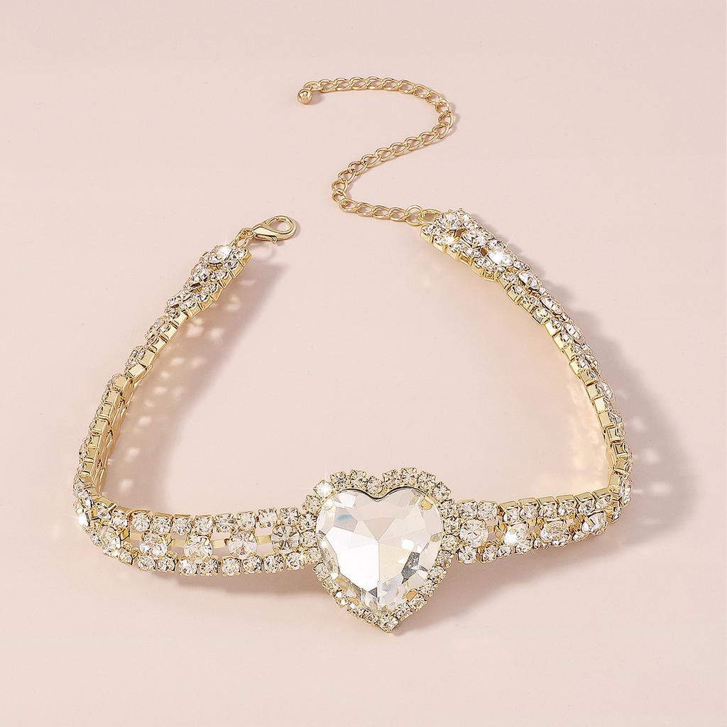 Fashion Bling Rhinestone Rose Heart Pendant Choker Necklace for Women Crystal Wedding Party Statement Jewelry