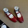 Sheepskin Version~ Retro Flat-bottomed Small Leather Shoes, Shallow Mouth Square Head Genuine Leather Mary Jane Shoes, One-word Buckle Red Small