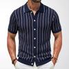 Men's Knitted Short Sleeve Shirts Casual Breathable Button Down Collared Striped Shirt Tops Summer Vacation Vintage Knit Golf Beach Shirts Top for Men