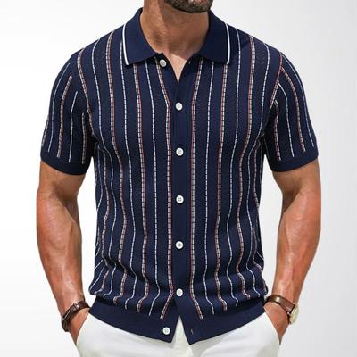 Men's Knitted Short Sleeve Shirts Casual Breathable Button Down Collared Striped Shirt Tops Summer Vacation Vintage Knit Golf Beach Shirts Top for Men