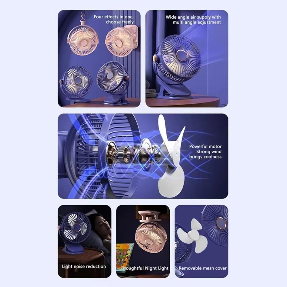 Rechargeable Mini Clip Fan USB Wireless Ceiling Fan LED Night Light Fan  for Home Camping Office