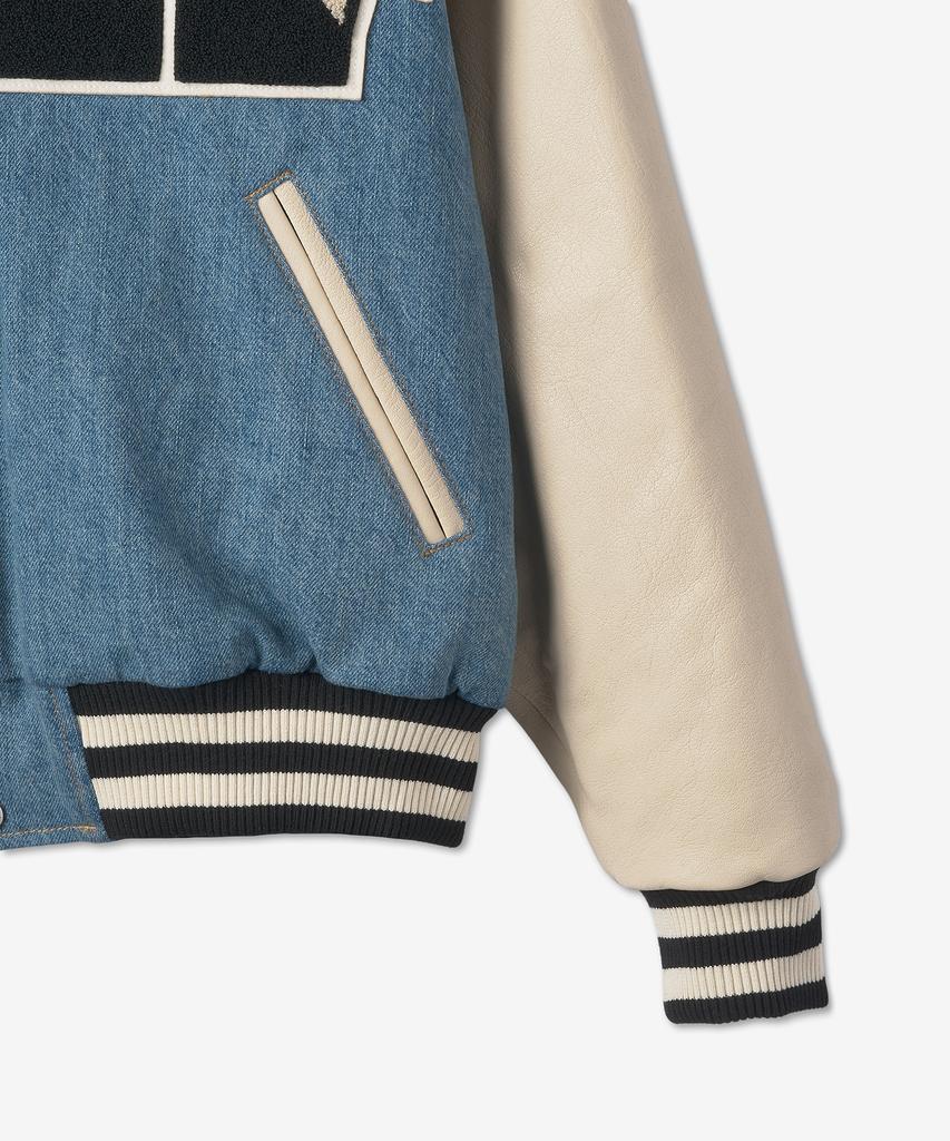 Lude Washed Denim Hooded Varsity Jacket - Indigo:Cream / Rhfw22Ja406240501050