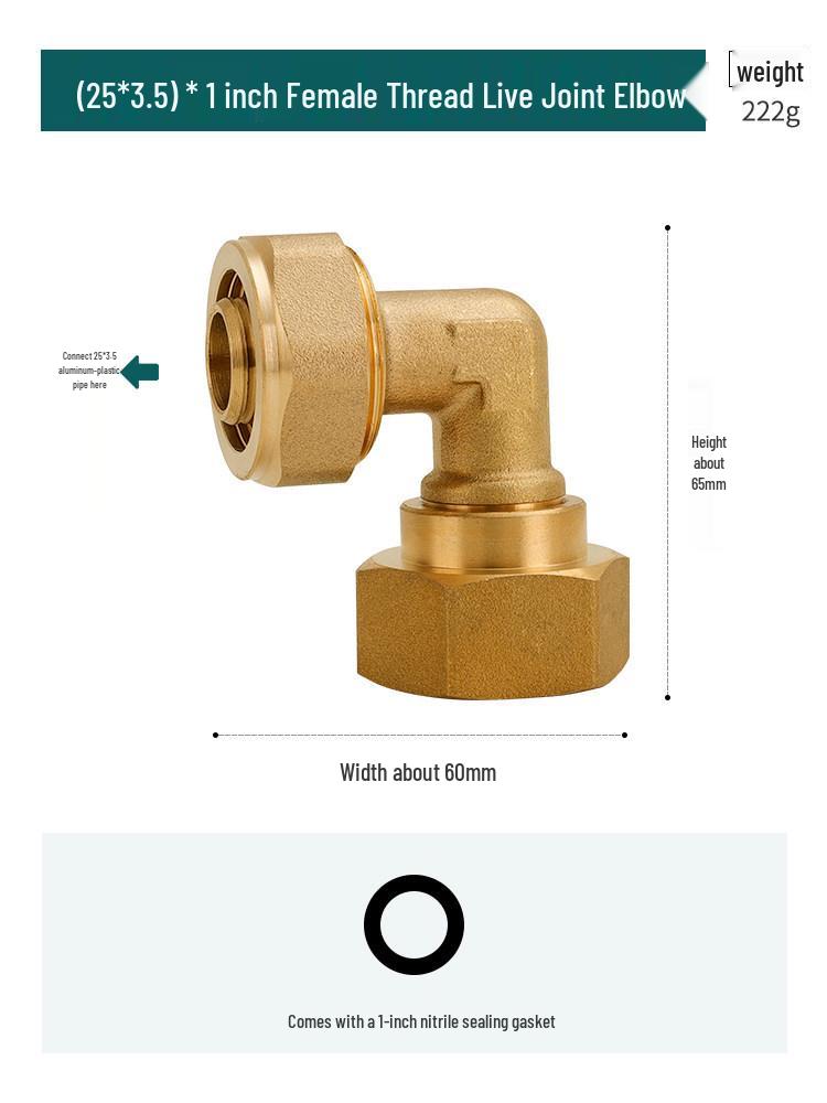 Aluminum-Plastic 90-Degree Elbow Pipe Fitting, Internal Thread, Fits 1216 and 1620 Solar Water & Gas Pipes, 4-Point & 6-Point Copper.