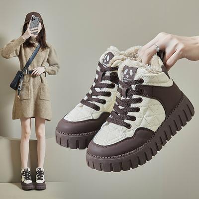 Sapatos de Cano Alto Quentes de Inverno Femininos Forrados com Lã Sapatos Casuais de Algodão Estilo Coreano para Senhoras Sapatos de Estudantes com Sola Grossa e Cadarços