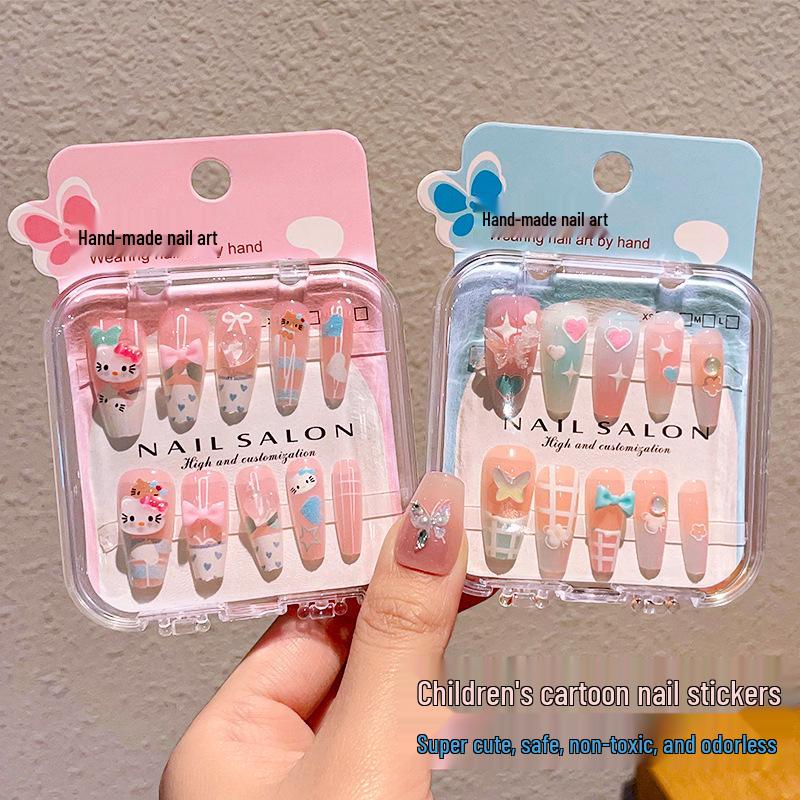 Children's Long-Style Wearable Nail Stickers with Jelly Glue - Cute, Fresh, and Removable Nail Art for Girls