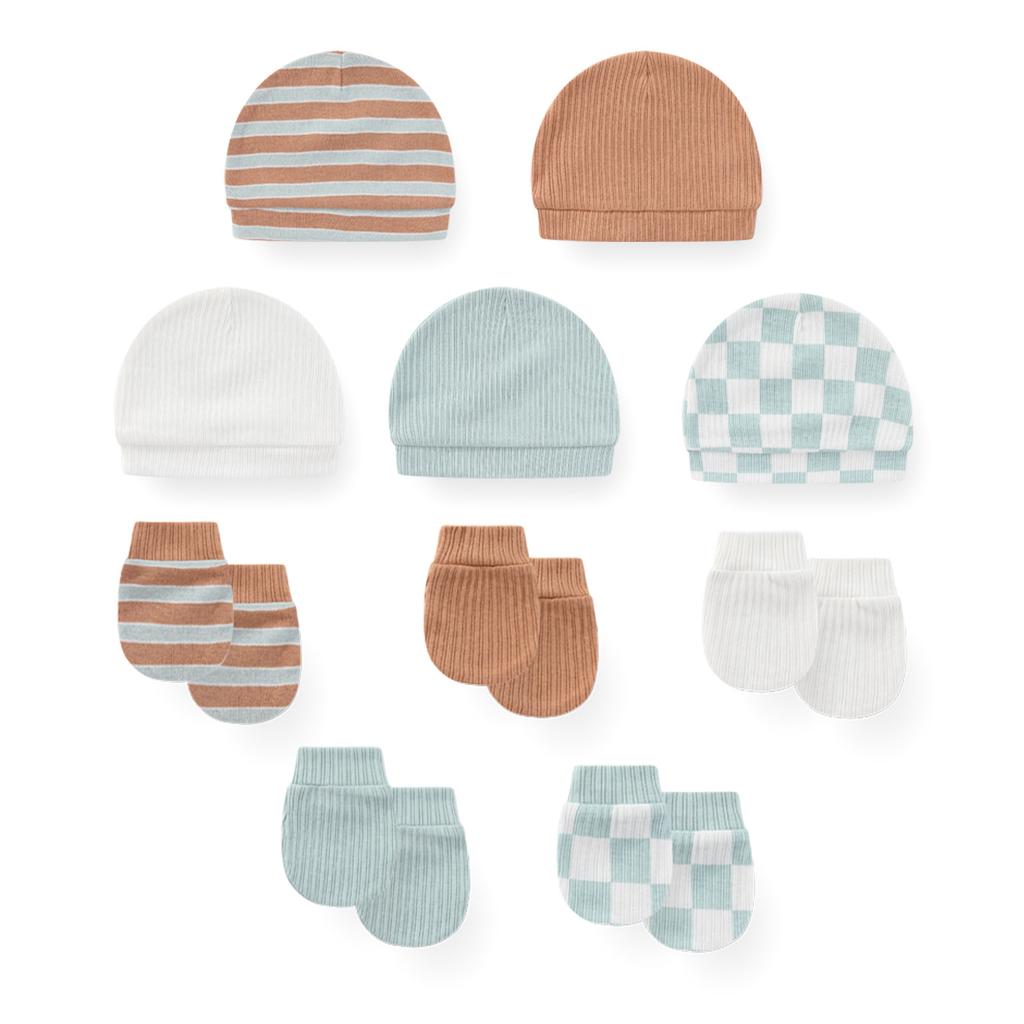 KIDDIEZOOM 0-6Months Boys Girls Hats Gloves Set 100% Cotton Soft Caps Mittens Baby Accessories