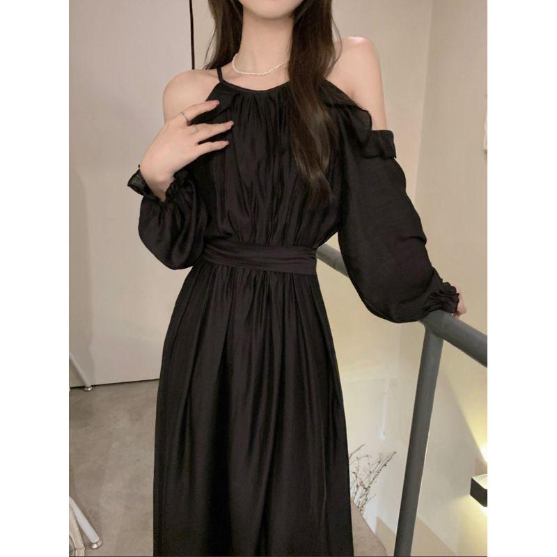 Kumikumi Gentle Apricot Long Sleeves Dress Women's Autumn French Style Temperament Chic Slimming and Shoulder Hollow Long Dress