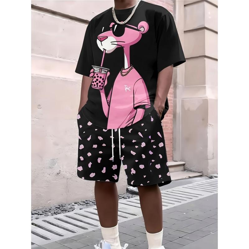 

Мужской повседневный комплект из трикотажной ткани, летний повседневный, удобный, стильный, с 3D-цифровым принтом, с изображением розовой пантеры S