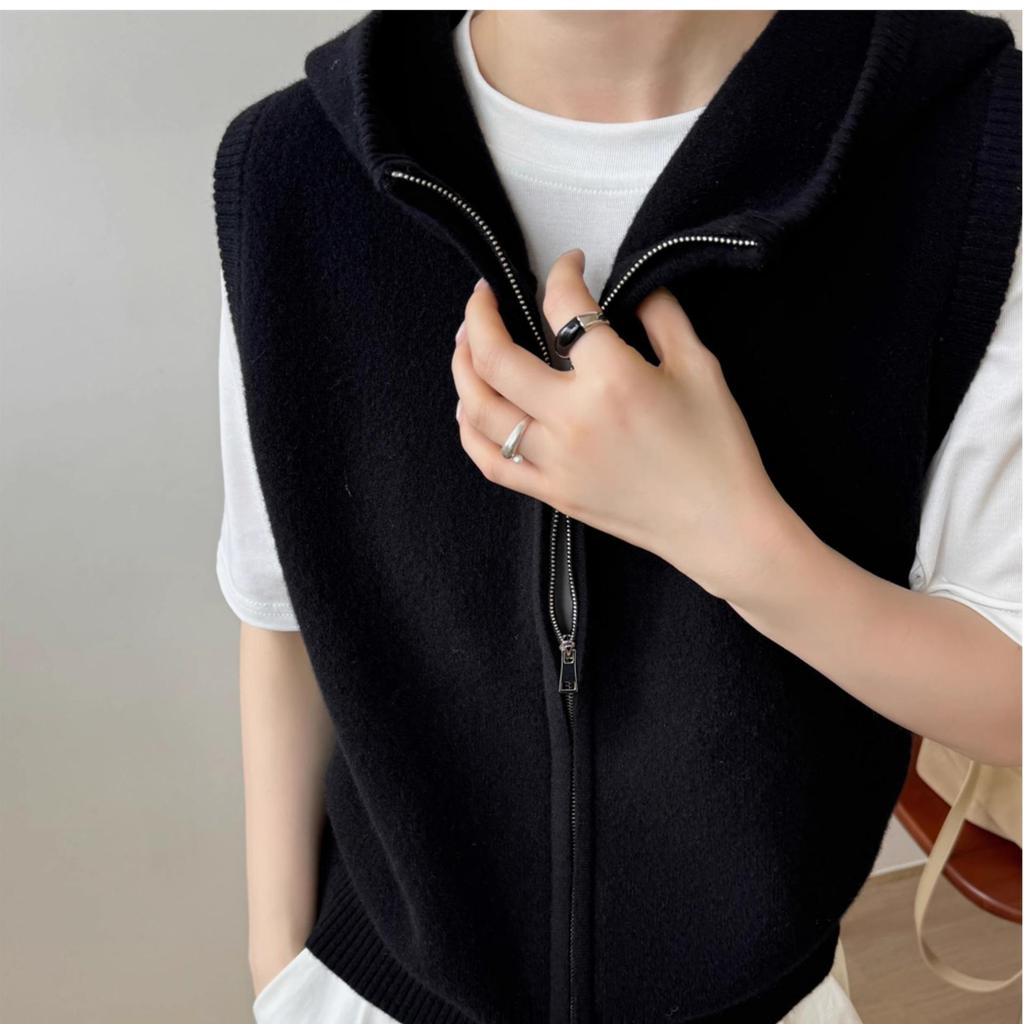 Women's European Style Wool Hooded Zip Vest - Loose Sleeveless Knit Cashmere Cape