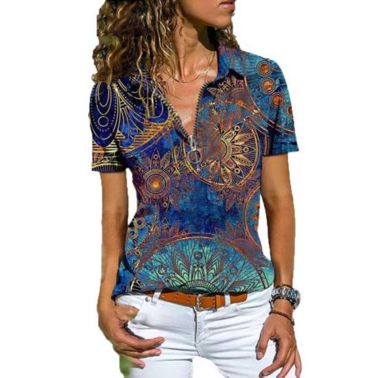 

Summer Women Ethnic Print Zipper Slim Fit T Shirt All Match Blouse Travel Top M синій