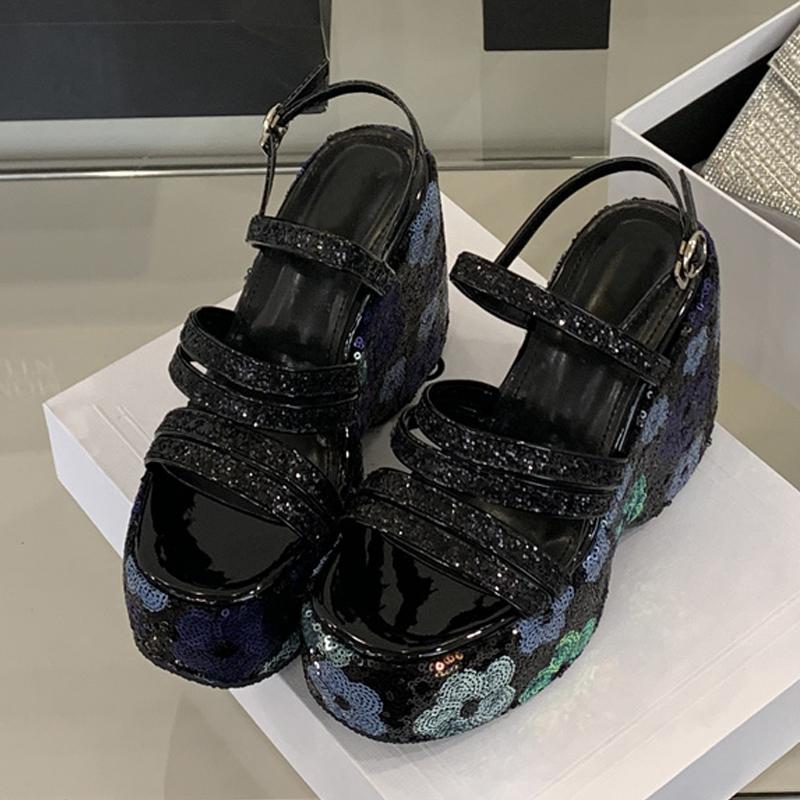 Fashion Liyke Sexy 13CM Wedges Sandals Women Gold Sequined Flowers Thick Bottom Open Toe Party Dress Shoes Platform High Heels Sandalias