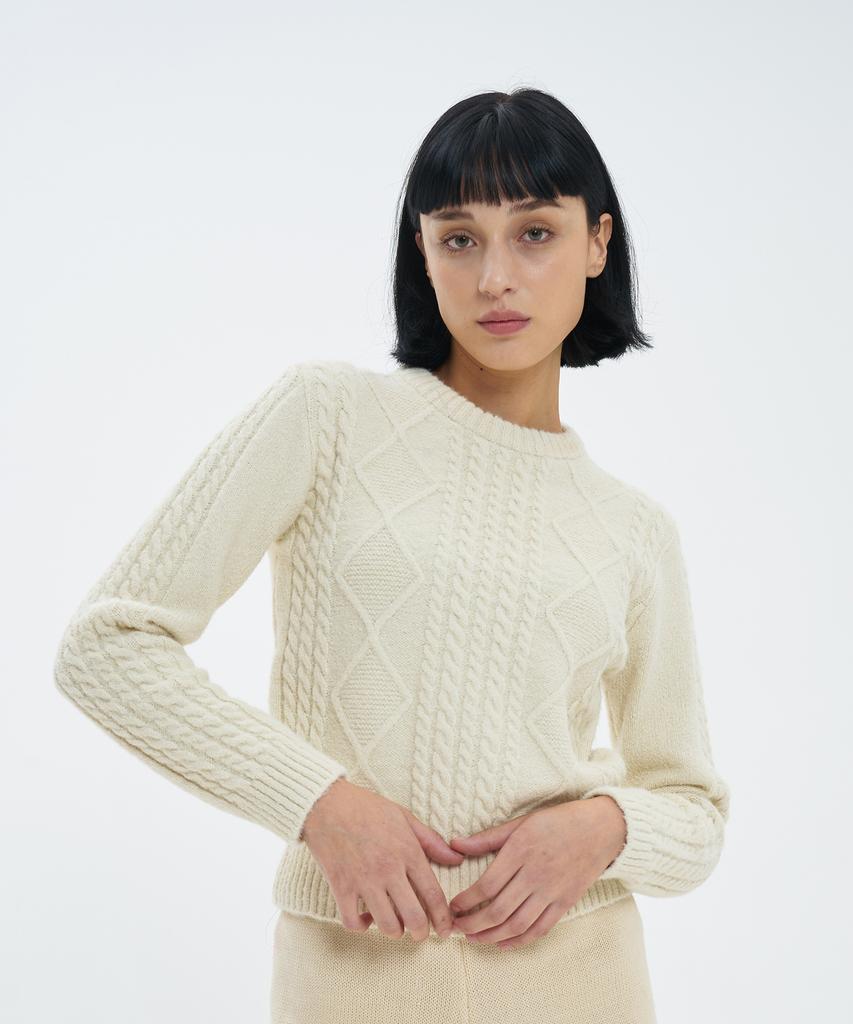 BLOND9 Fisherman Cable Wool Knit Sweater_Cream