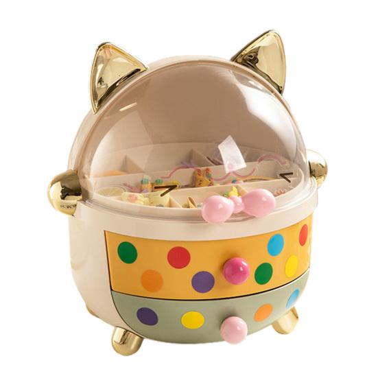 

Cute Cat Shaped Storage Box with Transparent Dust-Proof Cover Large Capacity Jewelry Hair Accessories Cosmetics Organizer with Drawer for Bedroom