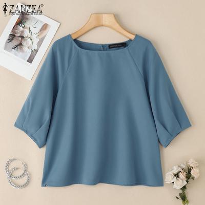Women Casual Round Neck Solid Color Loose 3/4 Sleeve Blouse