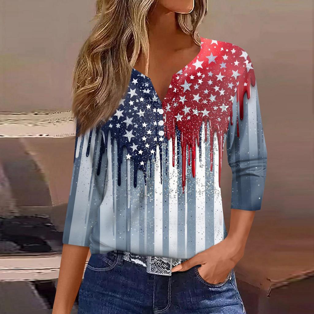 Women's T Shirt Independence Day Print Button 3/4 Sleeve Daily Weekend Fashion Basic V- Neck Regular Top