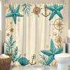 Nautical Shower Curtain Starfish Anchor Compass Print Beige Bath Curtain With 12 Hooks For Beach Bathroom Decor