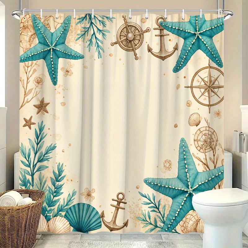 Nautical Shower Curtain Starfish Anchor Compass Print Beige Bath Curtain with 12 Hooks for Beach Bathroom Decor 90X180cm(35x70in)