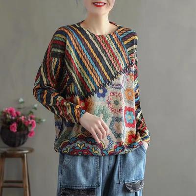 Spring Autumn Winter Retro Literary and Artistic Colorful Printed Round Neck Sweater Women's Korean Version of The Thick Loose Western Style Sweater