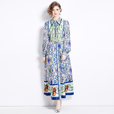 Spring Autumn Women Vintage Print Brand Designer Runway Dresses Turn-down Collar Long Maxi Shirt Party Dress