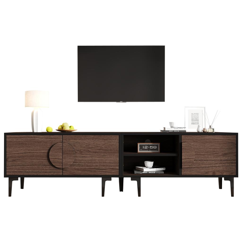 180*35*49cm Lowboard TV Cabinet with 2 Cabinets, TV Board with Open Storage Compartments, Dark Walnut Colored, Suitable for 80 Inch TVs