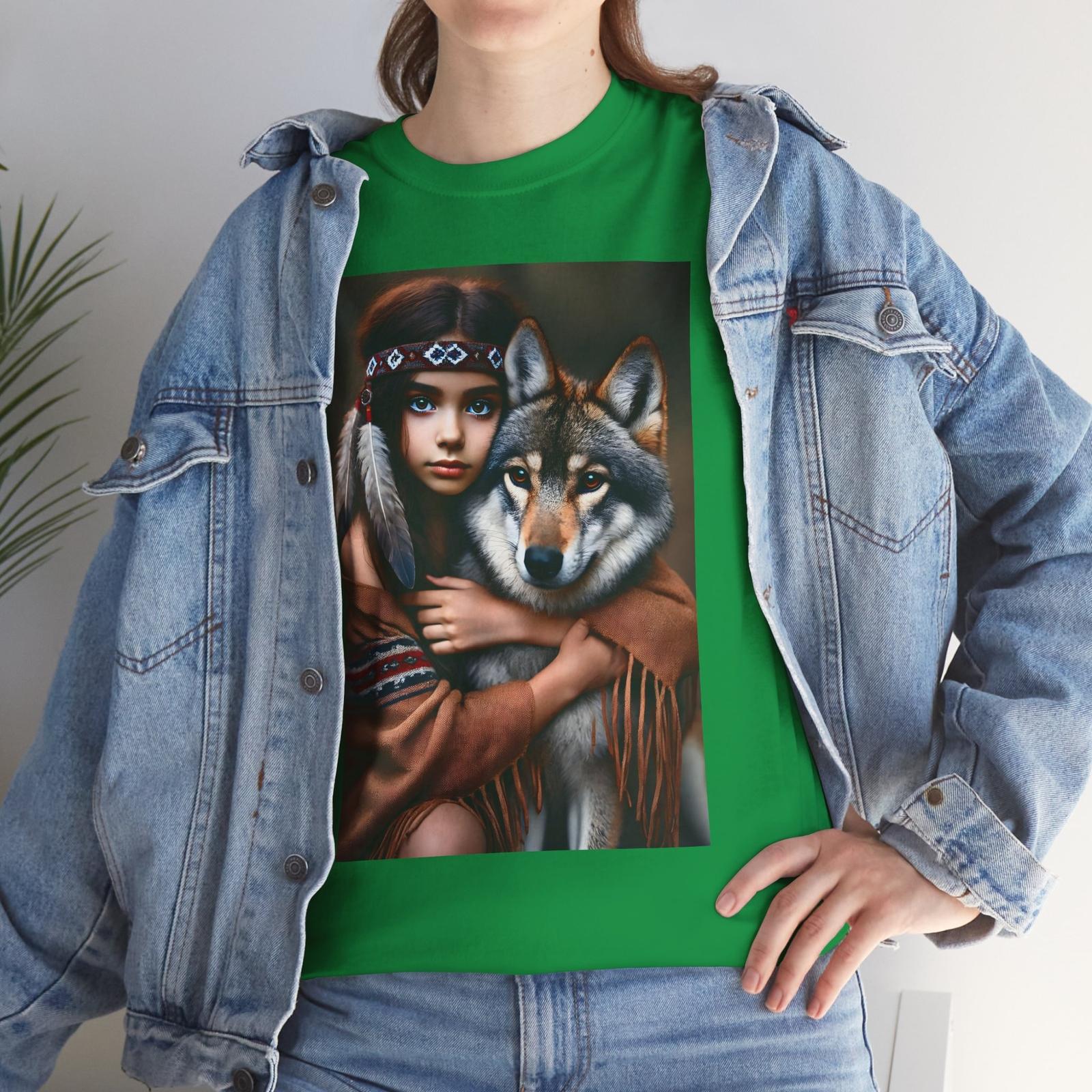Native American Girl With Her Pet Gray Wolf T-Shirt Mens Womens Tees Top Indian Dog wolfdog S
