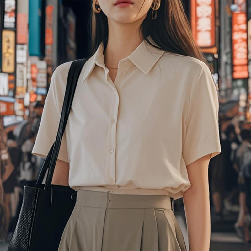 Cămașă de vară cu mânecă scurtă pentru femei, Versatilă, stil japonez lejer, Top formal cu temperament profesional, care cade bine
