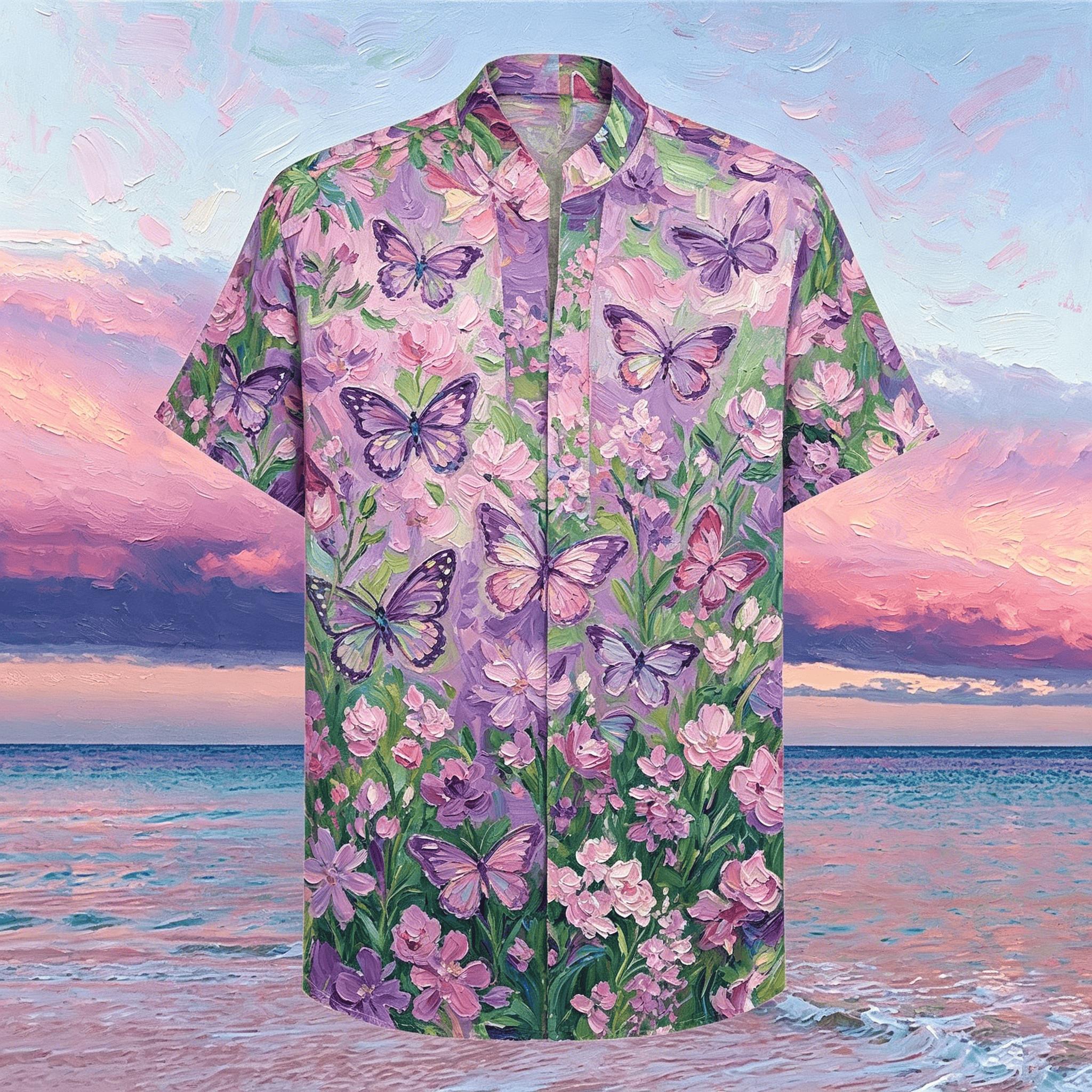

Men s Floral Butterfly Oil Painting Print Short Sleeve Shirt, Romantic Garden Style, Casual Summer 4XL