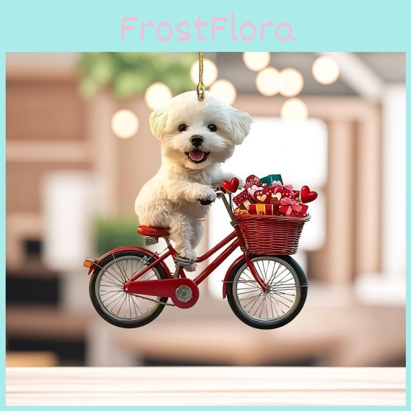 Acrylic Car Mirror Ornament Cartoon Dog Riding Bicycle Pendant For Vehicle Decor