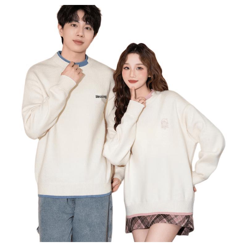 TonLion 2024 Couple's Crew Neck Faux Two-Piece Sweater
