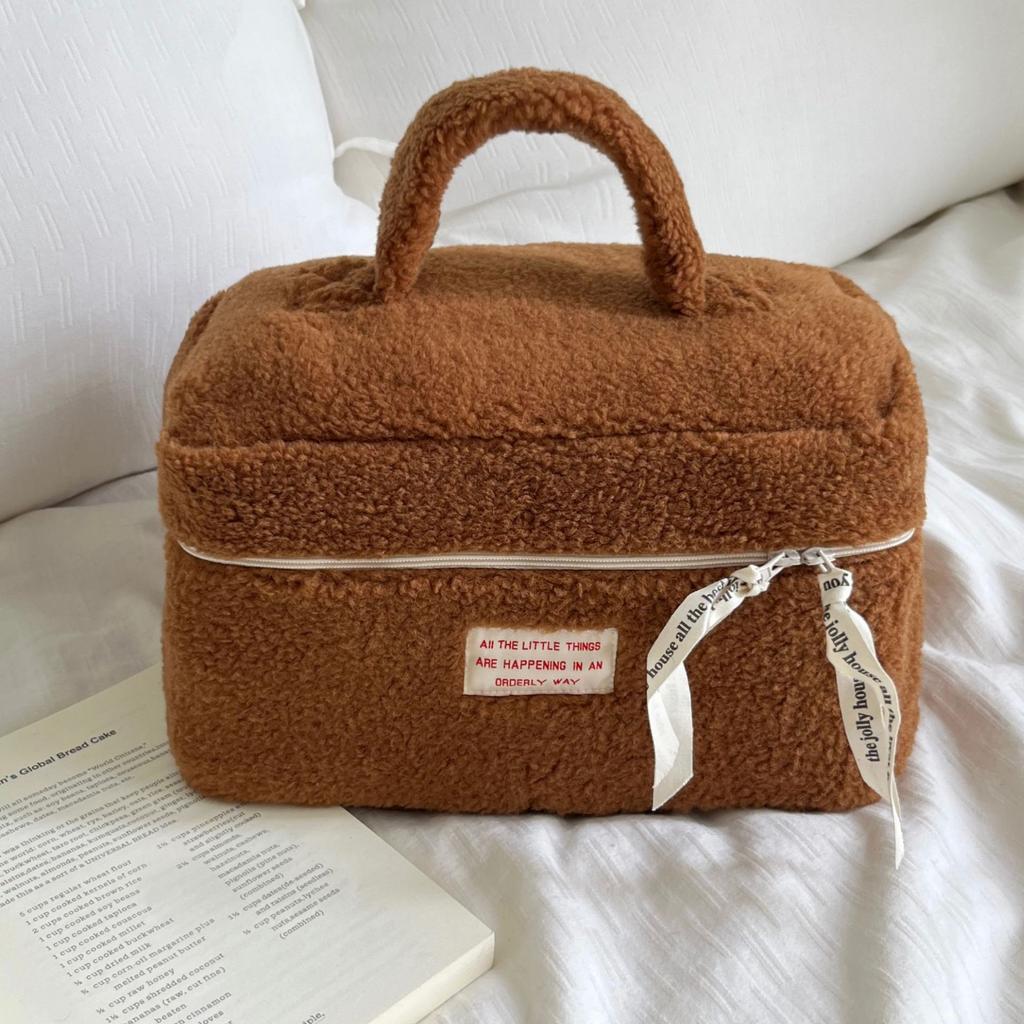 Simple Style Women Large Cosmetic Case Winter Teddy Roll Plush Makeup Bags Travel Organzier Pouch For Girl