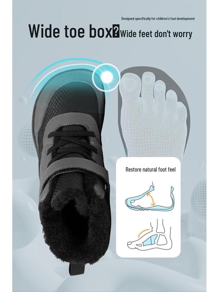 Wodoodporne Zimowe Buty Śniegowce Dziecięce Barefoot - Antypoślizgowe, Wyściełane Pluszem Bawełniane Buty dla Chłopców i Dziewczynek