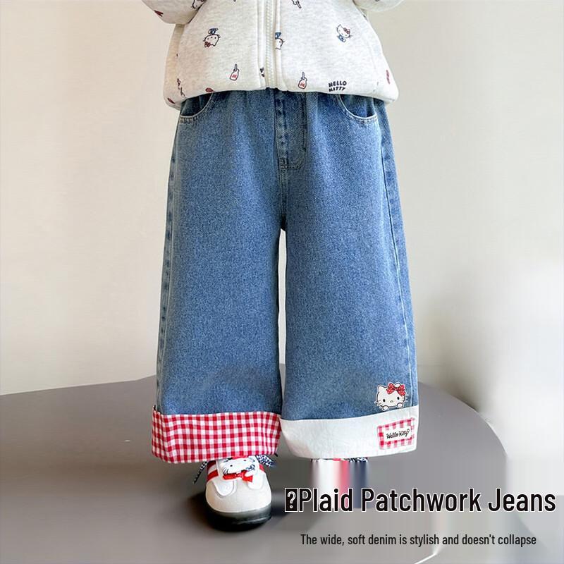Hello Kitty Girls  Plaid Patchwork Loose Denim Jeans 150
