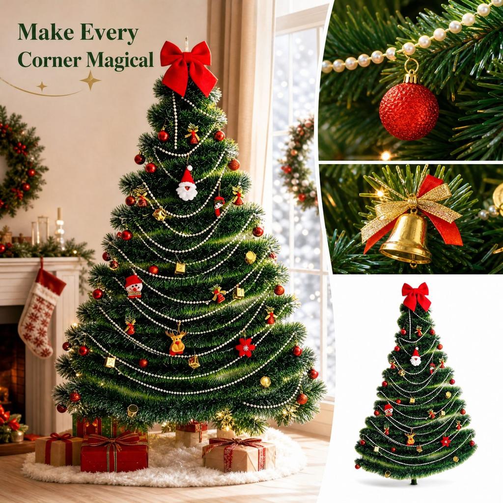 Christmas Tree Decoration Set with Dark Green Strips, Colorful Garlands and Ribbons for Holiday Display