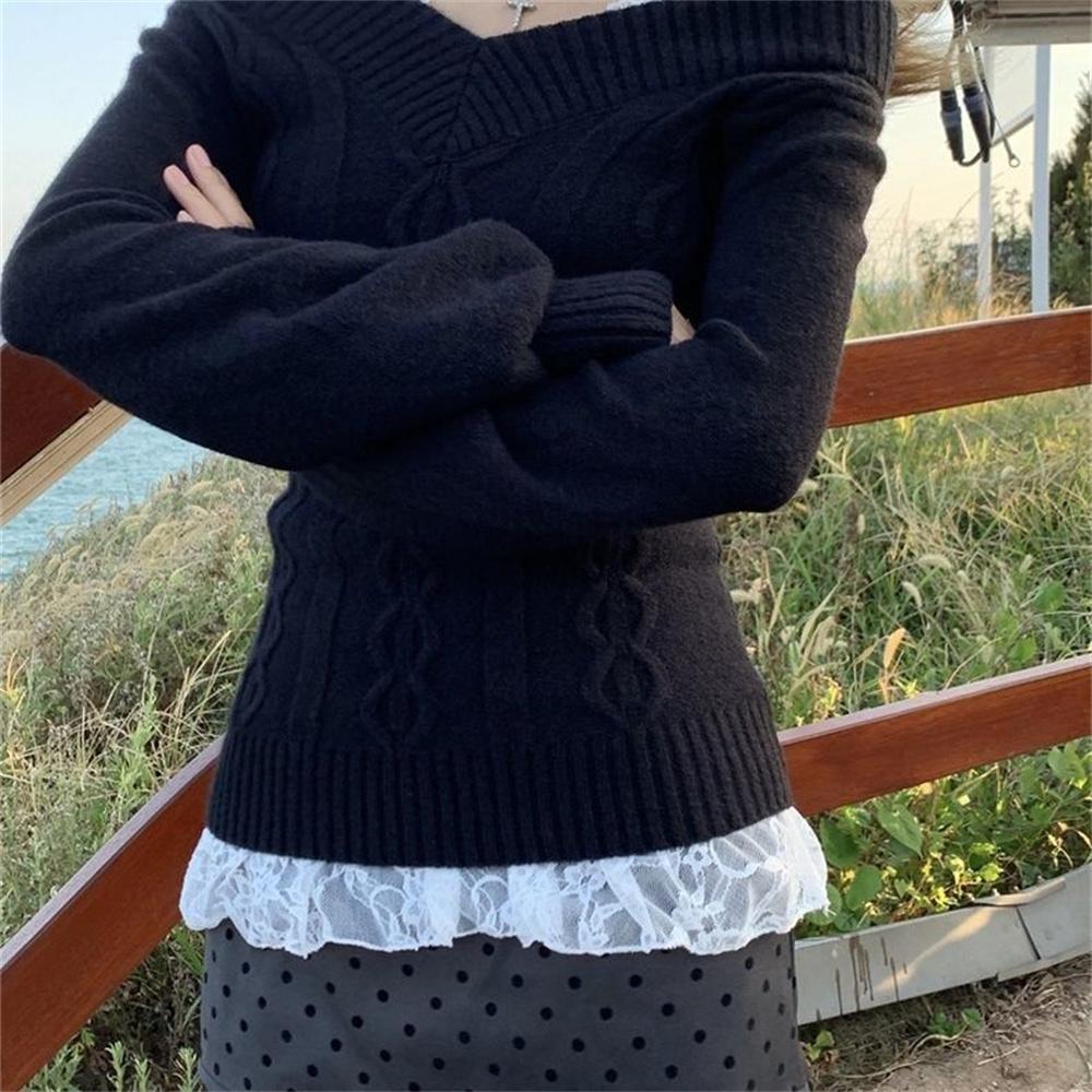 2KWEIRD Fashion Vintage V-neck Knitted Tops Women Early Autumn New Sweaters Pullover Slim Long Sleeve Pullovers Sexy Gray Sweaters