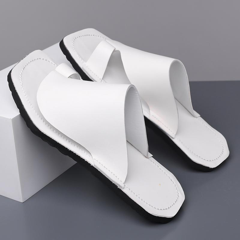 Herren Schwarze Leder Pantoffeln Einfache Flache Schuhe Sommer Weiße Flip-Flops Outdoor Römische Sandalen Braune Offene Zehen Strand Schuhe Übergröße
