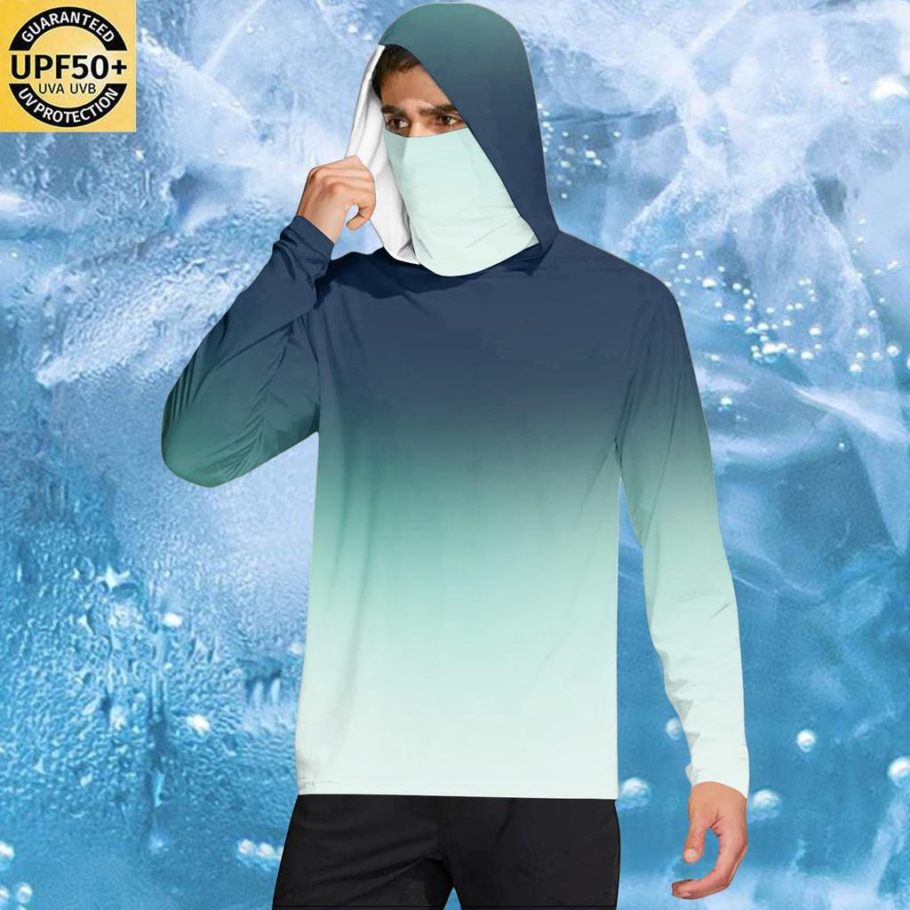 Men’s Casual Gradient Print Hooded Long Sleeve Sun Top Lightweight Pullover Loose Fit Outdoor Shirt