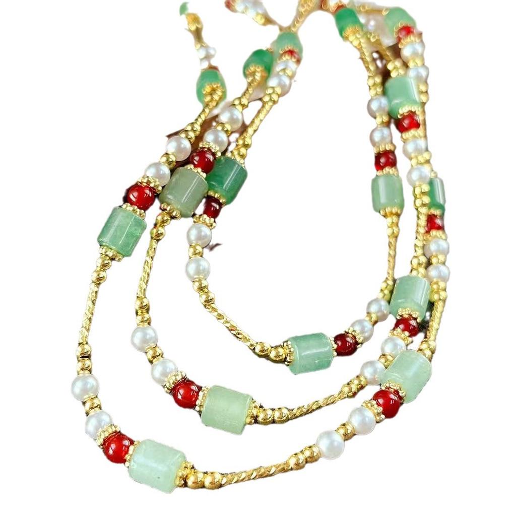 Retro High Quality Strong High Gloss Imitation Pearl Natural Chalcedony Dongling Jade Necklace Collarbone Chain Sweater Chain