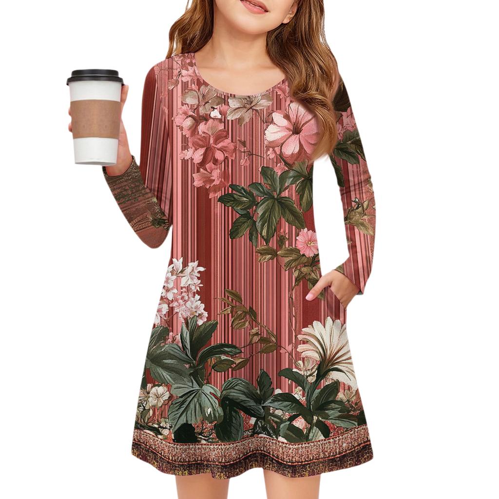 Girls' Long Sleeve Dress - Color Pocket Dress