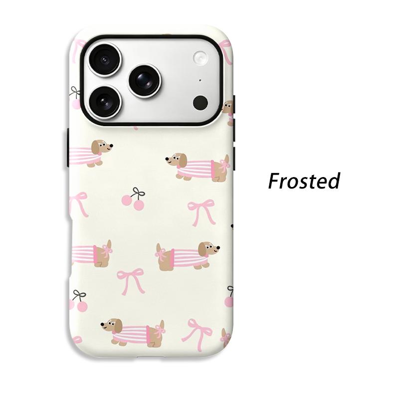 Verspieltes Lustiges Süßes Dackel Hund Kirsch Schleife Muster Kunst Design Film Ästhetik Schutzhülle Stoßfeste Stoßstange Hülle Abdeckung Für iPhone 14 15 16 17 Pro