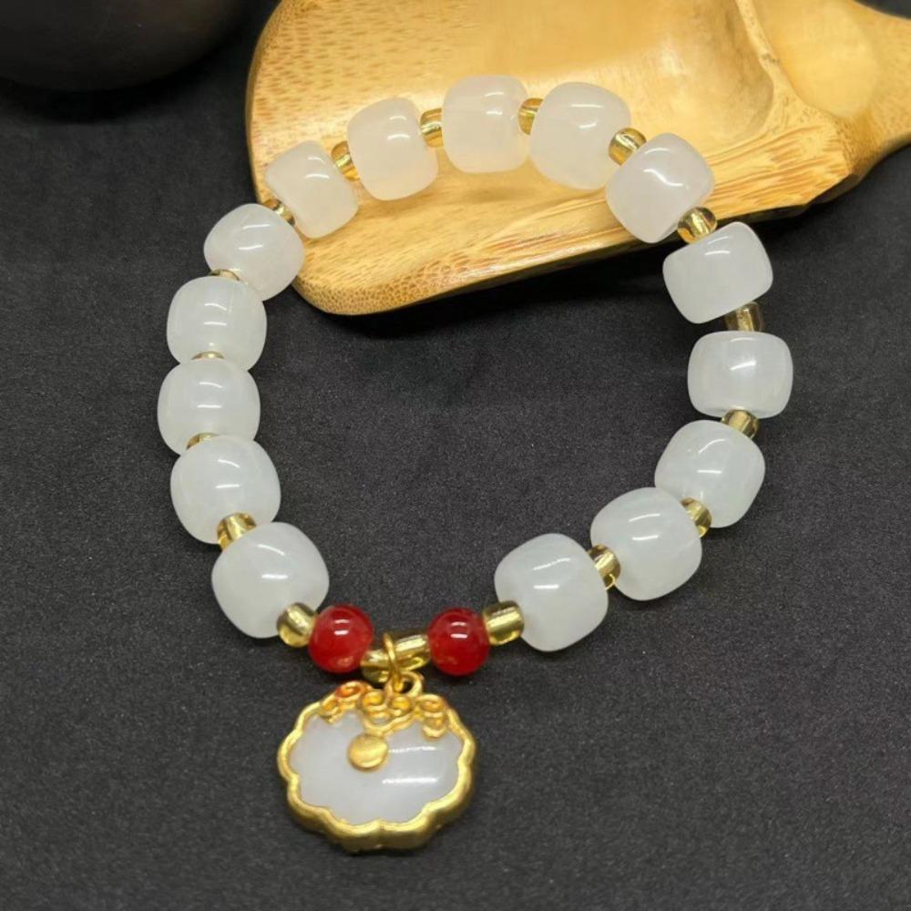 Elegant White Jade Bracelet with Green Lock Charm - Traditional Chinese Good Luck Jewelry for Women, Stackable Elastic Beaded Bangle 1 Piece