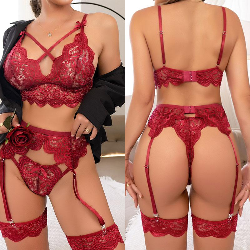 Porn Plus Size Sexy Lingerie Bra And Panty Garters 3pcs See Through Sexy Hollow Out Women's Underwear Set Erotic Lace Bra Set