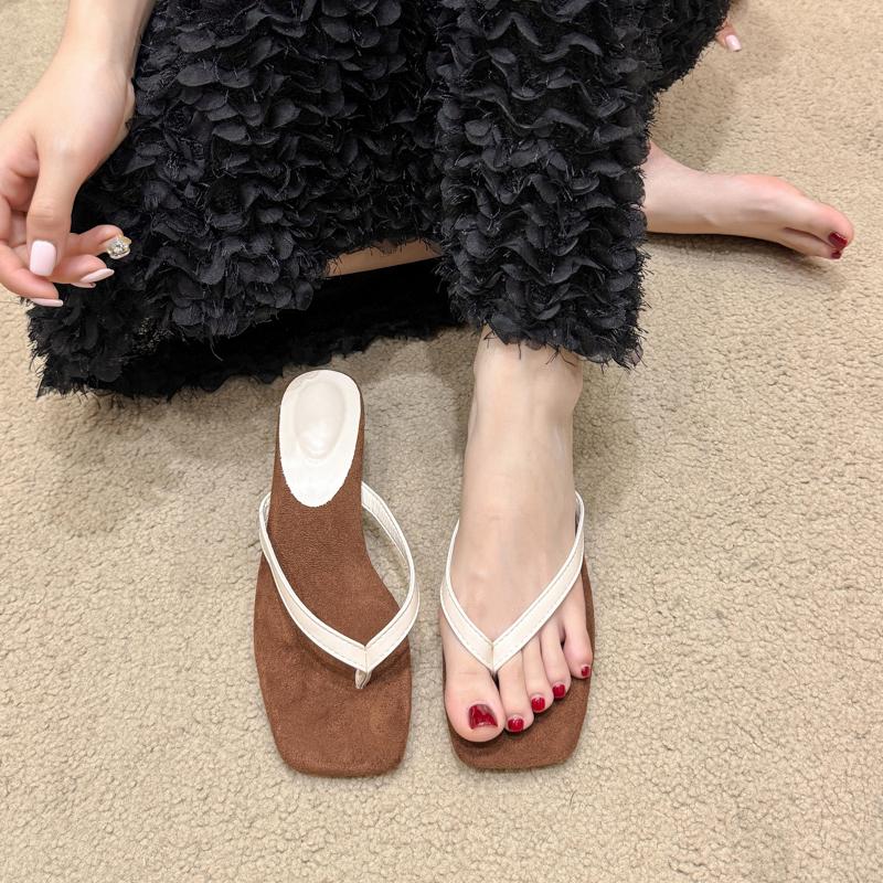 2025 New Summer Fashion Low Heel Flip Flop Concise Square Clip Toe Women Slippers Elegant Dress Slide Shoes