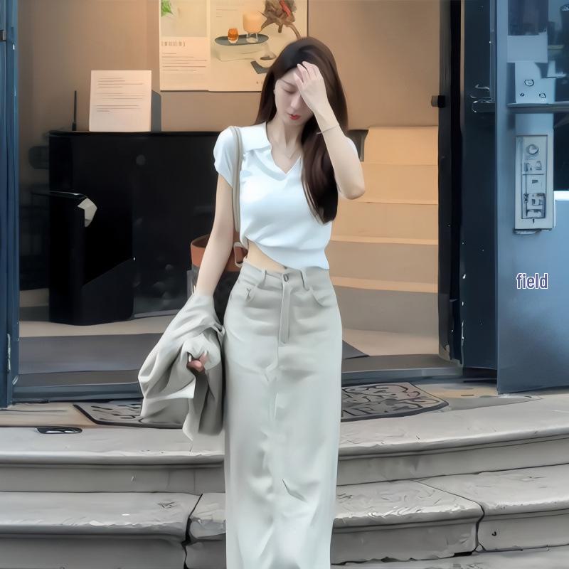 Korean Style Polo Collar T-Shirt & High-Waist Long Skirt Summer Outfit Set