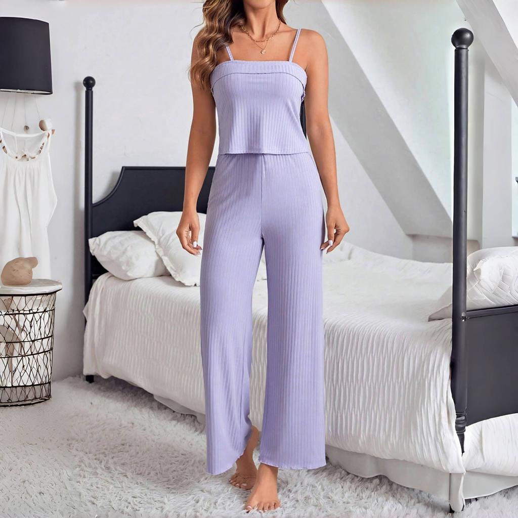 summer purple sling Pajamas Set Women pants and Sleeveless tops Sleepwear Set young Girls solid Loungewear Homewear Pyjamas