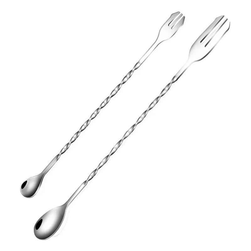 304 Stainless Steel Dual-Ended Cocktail Spoon & Fork with Long Threaded Handle