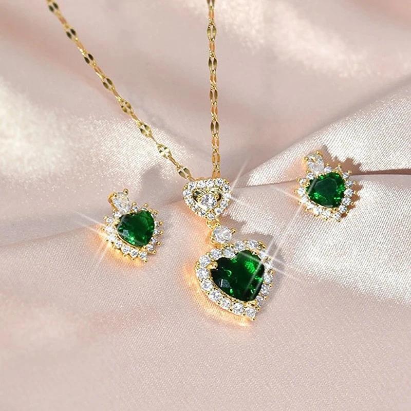 Heart-shaped Necklace Green Zircon Jewelry Sets for Women Exquisite Crystal Pendant Chain Women's Earings Wedding