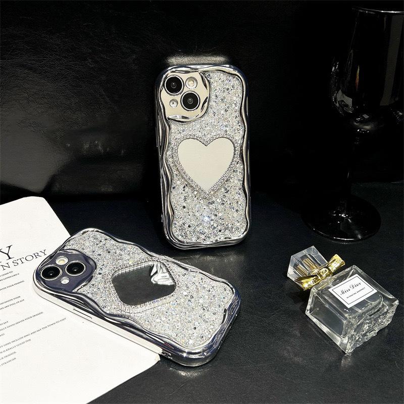 For Apple 17Promax Electroplated Silver Phone Case for IPhone16 Love Mirror Sequins High-end Ins