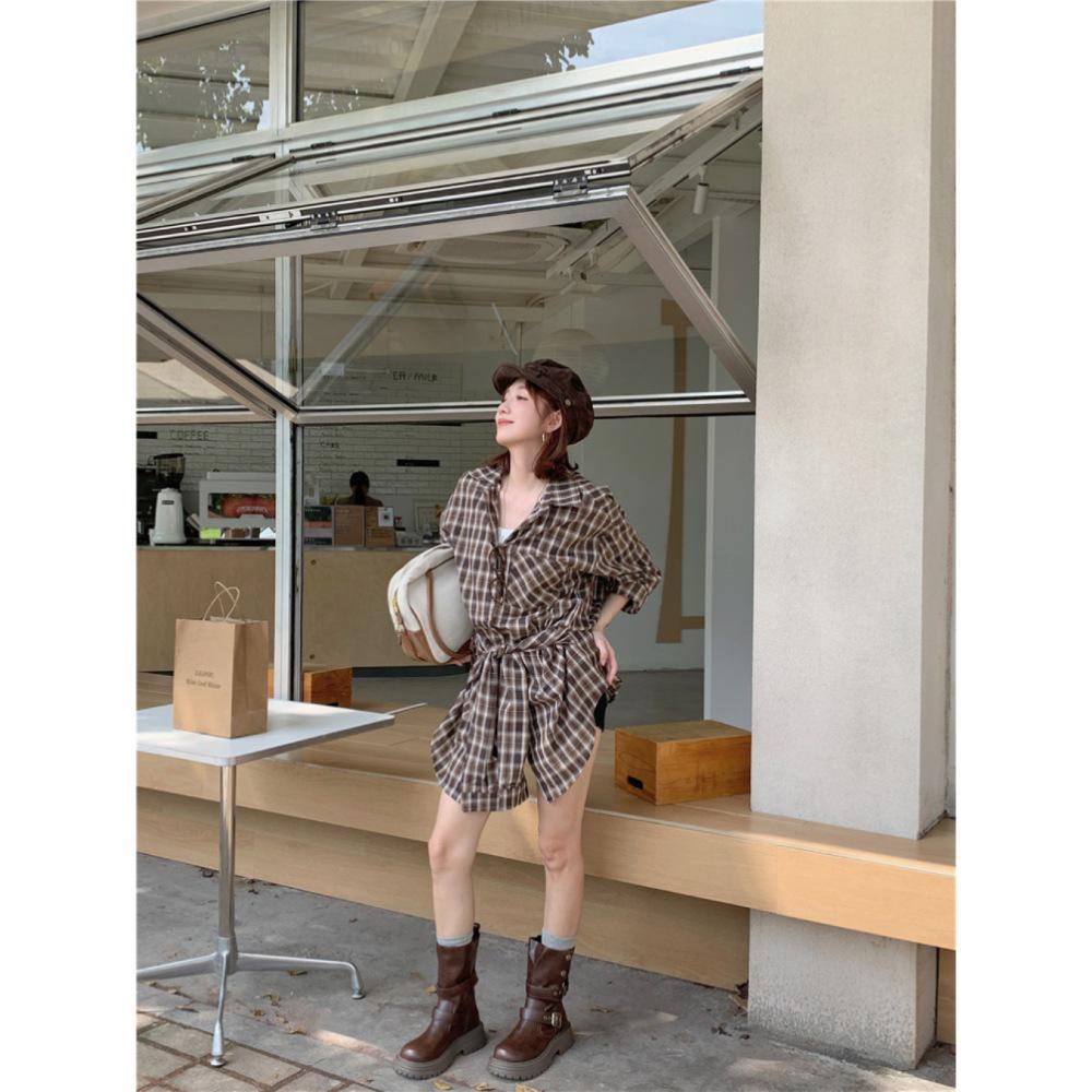 Women's Retro Lattice Long-Sleeve Shirt Set with Straps - New Autumn 2025 Casual Slimming Cardigan