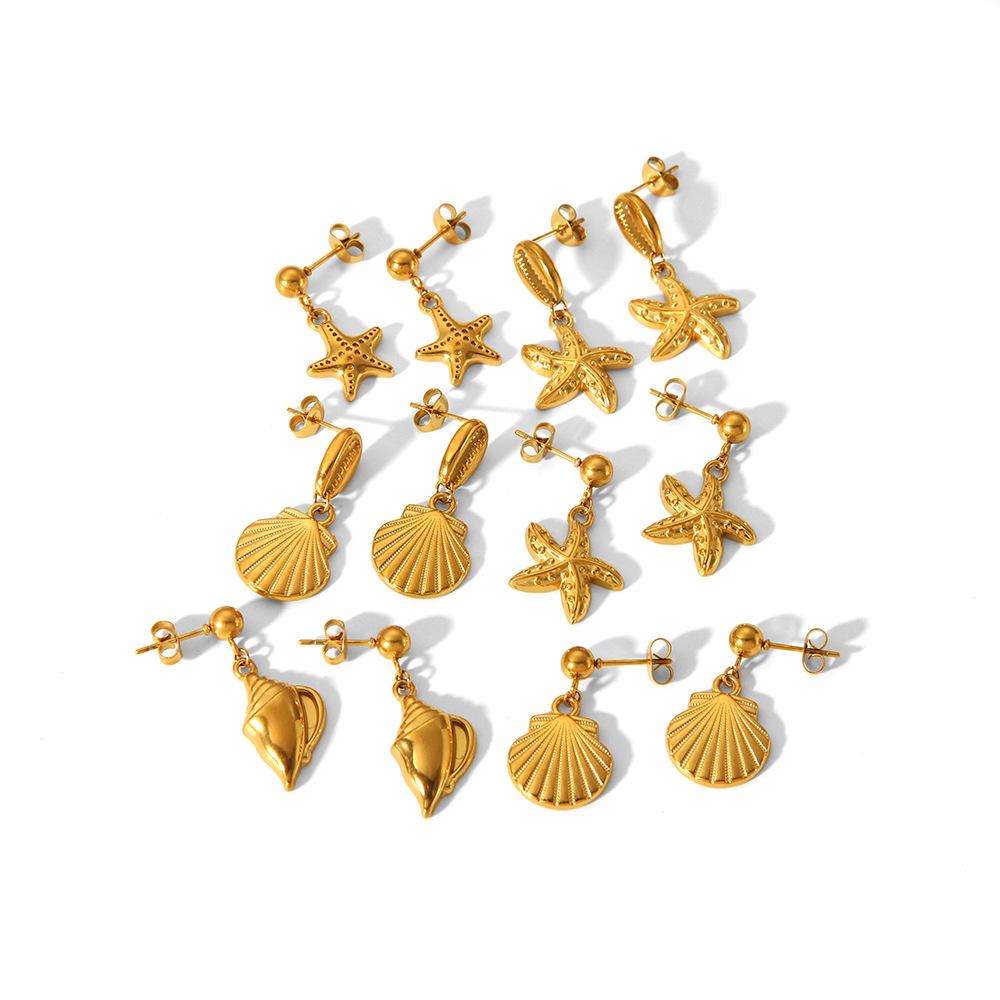 Light Luxury Fashion Marine Series Jewelry Stainless Steel Shell Earrings 18k Gold Starfish Stud Earrings Women
