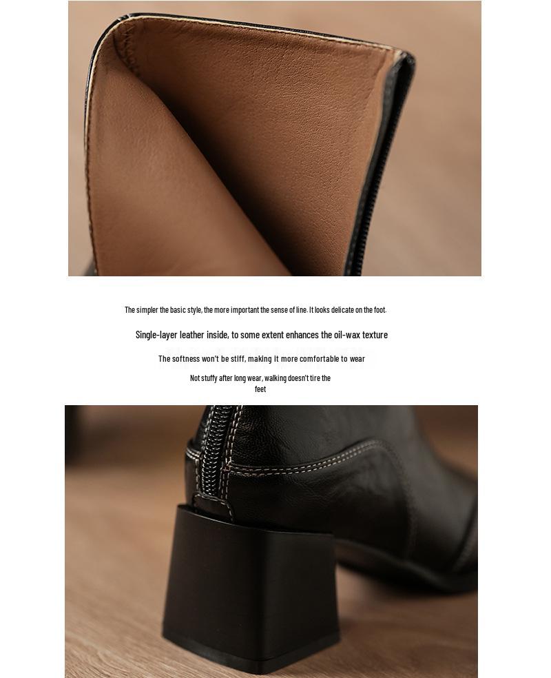 Retro Square Toe High Heel Ankle Boots for Women - Autumn/Winter Chunky Martin Boots In British Style, Red/Brown, 6CM Heel.